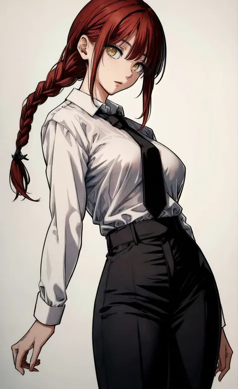 makima, white long sleeved, shirt tucked into pants black tie, red hair, round boobs,
Makima is depicted as an attractive young woman with a tall and slender figure. She has long, flowing red hair that reaches down to her waist. Her hair is usually tied into a loose braid, and she often wears a white ribbon or headband to keep her hair in place. Her eyes are sharp and captivating, often portrayed with a sense of mystery and depth.
Black pants,
Yellow eyes,
Makima's clothing style varies, but she is often seen wearing a white blouse and a long skirt, giving her a somewhat formal and elegant appearance. She has a calm and composed demeanor, which adds to her enigmatic presence in the story.
Adult age,
<lora:add_detail:1.0>