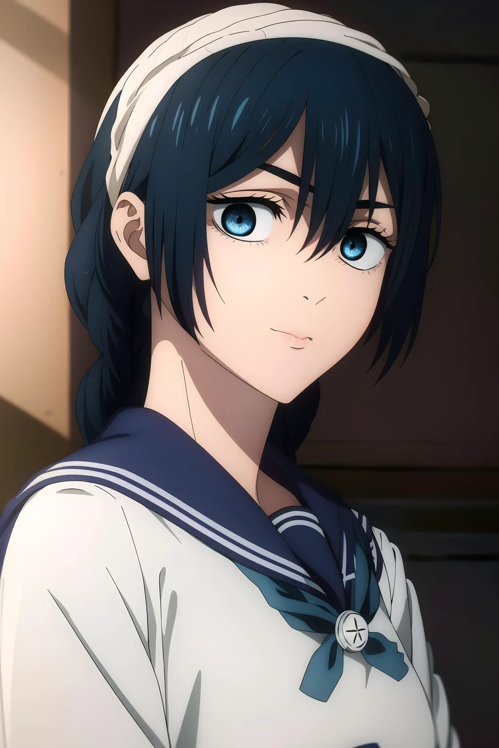 1girl, solo, school, masterpiece, professional artwork, famous artwork, perfect face,(glowing eyes:1), beautiful face, <lora:Riko:0.7>,Riko, school uniform, serafuku, blue eyes, headband, blue hair, braided hair, cowboy shot, upper body, closed mouth, <lora:mappaLikeStyle_v12Beta:0.6>