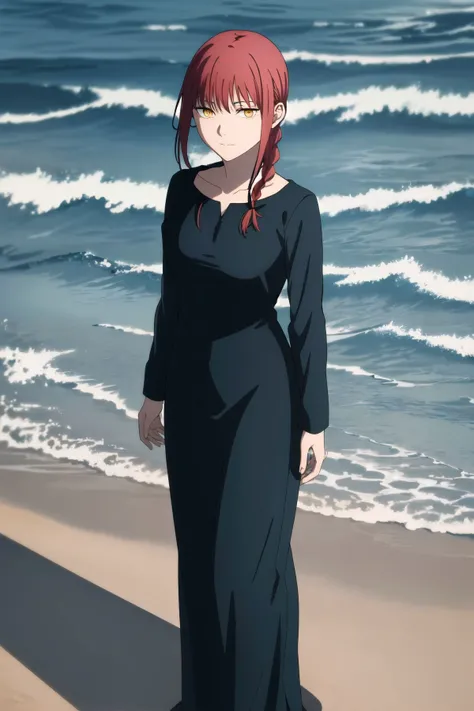 <lora:Makima:0.75> , <lora:MAPPA Style:0.6>, red hair, yellow eyes, (medium breasts:1.2),one braid, serene expression, standing, upper body, black dress, long dress, close-up,standing on water, sand, sea, full body, black long sleeves, (high resolution illustration), anime girl, (high quality), 1girl, 4k,<lora:OffsetNoise Anime:1.0>