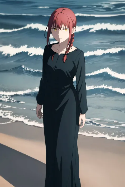 <lora:Makima:0.75> , <lora:MAPPA Style:0.6>, red hair, yellow eyes, (medium breasts:1.2),one braid, serene expression, standing, upper body, black dress, long dress, close-up,standing on water, sand, sea, full body, black long sleeves, (high resolution illustration), anime girl, (high quality), 1girl, 4k,<lora:OffsetNoise Anime:1.0>