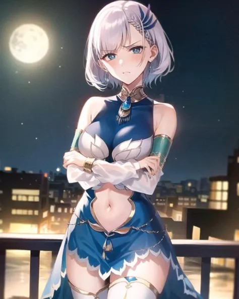 A woman wearing a blue dress with a red stripe and red stars pattern, silver hair, short hair, weak blue eyes, smiling, big breasts, wearing a white fur cape, perfect face, holding an iron bar with the flag of the United States , red heel, postured standing in a garden of the white house, white house of the united states, night place, lawn around,,UHD , prime work , accurate , anatomically correct , textured skin , super details , high quality , best quality, 8k, high resolution, bokeh effect. (woman alone)