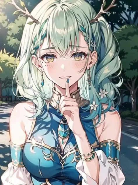 unparalleled masterpiece, 4k, (best quality:1.4), (highly detailed:1.4), detailed shadows, (ceres fauna:1.2),cosplay, 1girl, (green hair:1.5), braid, braided bangs, antlers, (yellow eyes:1.5), jewelry, anklet, nail polish, mole, green nails,hair flower, mole under eye, multicolored hair, leaf, reine-main-outfit (cosplay), blue dress, detached sleeves, navel cutout, bare shoulders, white thighhighs, <lora:Pavolia Reine v2:0.8>, <lora:ceresFaunaHololive_v1:0.7>, upper body, portrait, finger to own mouth, grin, beautiful forest, lush vegetation,