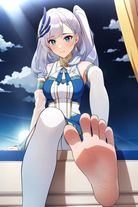 (masterpiece, best quality), intricate details,
1girl, <lora:Pavolia Reine v2b:0.8> pavolia reine, reine-long-hair,very long hair, side ponytail, braided bangs, feather hair ornament, white pupils, single earring, reine-main-outfit,blue dress, dress, detached sleeves, navel cutout, white thighhighs, midriff, bare shoulders, shawl,
<lora:foot:0.8> 1girl, foot up,
