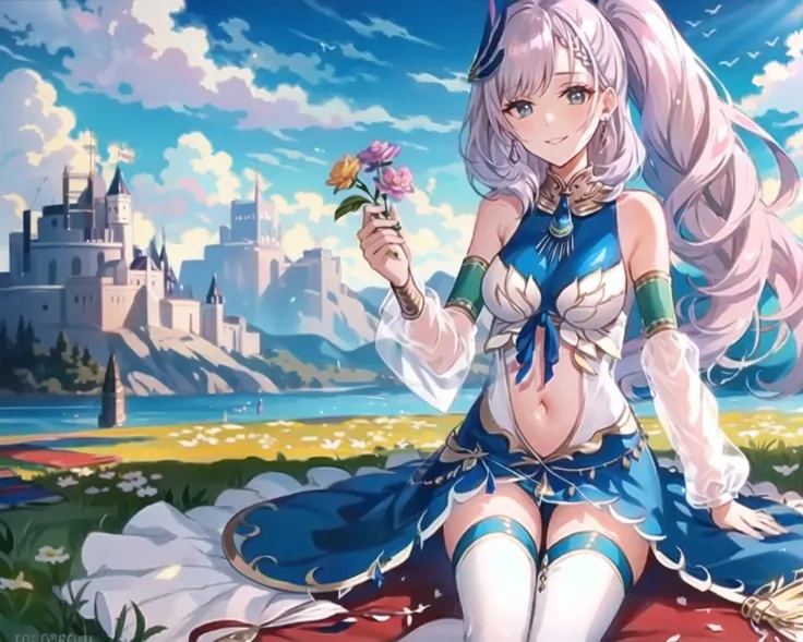 unparalleled masterpiece, 4k, (best quality:1.4), (highly detailed:1.4), detailed shadows, sitting, reine-main-outfit, blue dress, dress, detached sleeves, navel cutout, bare shoulders, smile,(white thighhighs:1.1), reine-long-hair, very long hair, side ponytail, braided bangs, feather hair ornament, white pupils, single earring, <lora:Pavolia Reine v2:0.9>, cute lips, eyelashes, holding flowers,, beautiful flower fields,, flowers, beautiful sky,lake, outdoors,nature, rainbow over lake, mountains in background, <lora:colors_v1:0.6>