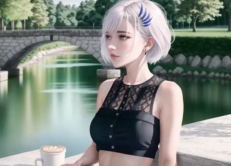unparalleled masterpiece, 4k, (best quality:1.2), (highly detailed:1.2), detailed shadows,1girl,  reine-second-outfit, black sleeveless shirt shirt, crop top, white pants,midriff, bare shoulders, reine-short-hair, short hair, braided bangs, feather hair ornament, white pupils, earrings, <lora:Pavolia Reine v2:1>, drinking coffee, siting at coffee, beautiful river, bridge in background,table