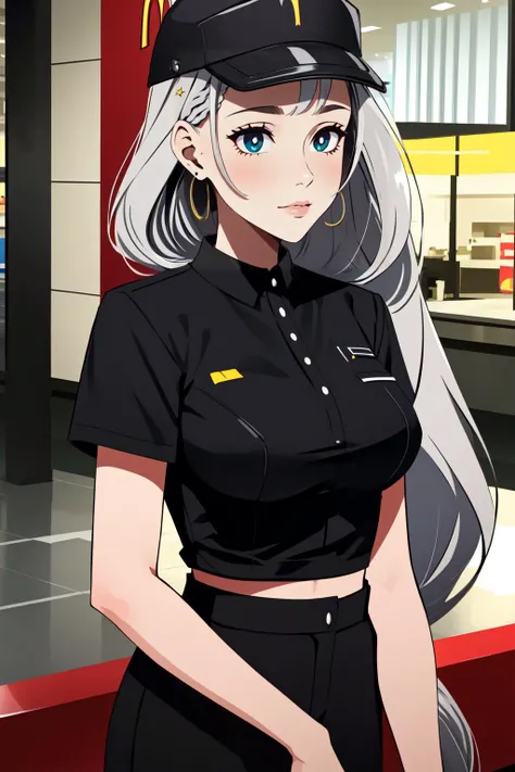(masterpiece, best quality), intricate details,
1girl, <lora:Pavolia Reine v2b:0.8> pavolia reine, reine-long-hair,very long hair, side ponytail, braided bangs, feather hair ornament, white pupils, single earring,
<lora:McDonaldsUniform:0.8> McDonaldsUniform, shirt, black shirt, uniform, black pants, pants, cap,