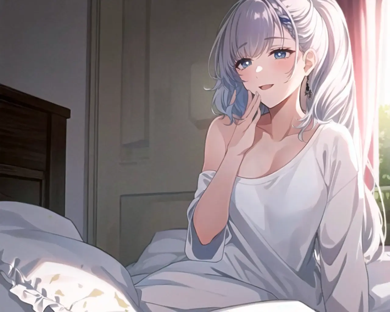 unparalleled masterpiece, 4k, (best quality:1.2), (highly detailed:1.2),pavolia reine, (messy long hair), side ponytail, white pupils,<lora:Pavolia Reine v2b:0.8>,beautiful bedroom, bed, single bare shoulder shirt long, grey hair, <lora:singleBareShoulder_thisAintTheUsualKindOf:0.9>, (messy hair:1.8), delicate smile, morning, (waking up:1.2), morning hair, window, pillow, one eye closed, (yawning:1.2)