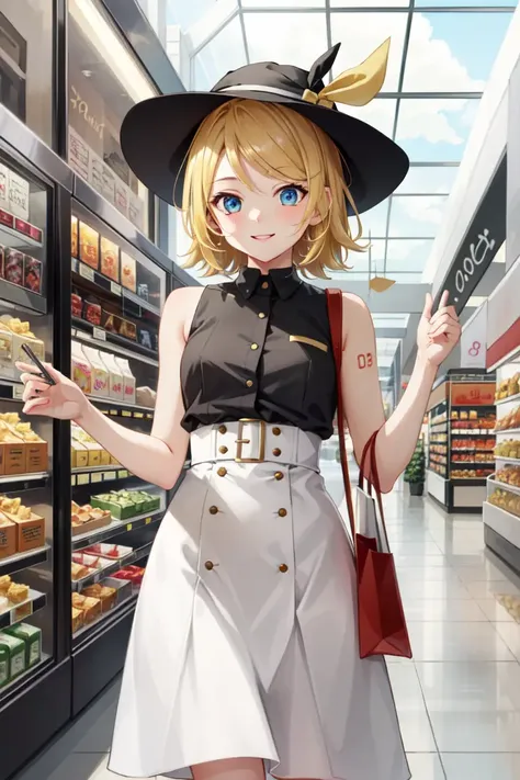 masterpiece, best quality, absurdres, perfect anatomy, 1girl, solo, Kagamine Rin, short hair, number tattoo, bucket hat, high-waist skirt, long skirt, white skirt, black shirt, sleeveless, smile, standing, indoors, shopping mall