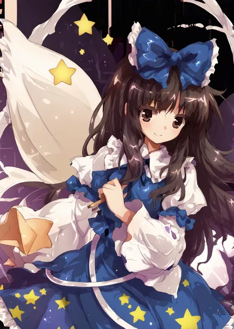 anime girl in blue dress with stars and moon in background