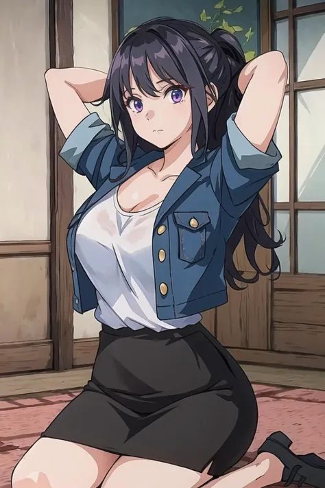 masterpiece, best quality, 1girl, solo, jacket, white shirt, looking at viewer, <lora:shiraishiazusa-lefhi-richy-v1:1> shiraishi azusa, pencil skirt, black skirt, seiza, arms behind head,