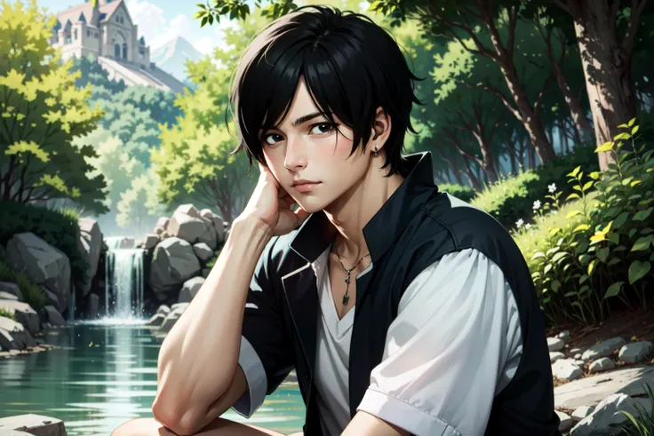 (masterpiece, best quality:1.3), solo, 1boy, sitting, nature background, zeref, black hair, black eyes, realistic, upper body <lora:zeref:0.7>
