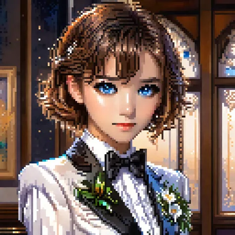 1girl, solo, bowtie, brown hair, blue eyes, bow, black bowtie, formal, black bow, short hair, suit, looking at viewer, upper body, shirt, indoors, white shirt, jacket, bangs, black jacket, closed mouth, window, tuxedo, traditional bowtie, flower, lips, name tag,realistic,photograph,pixel art