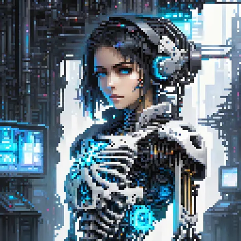 Masterpiece, illustration,8K wallpaper, super detailed,portrait,(full body),((damaged)),dissection,cyberpunk,
(1 girl:1.5),(solo),(Machine Skeleton),black hair,Medium breasts,Beautiful detailed blue eyes,(Mechanical (heart)),
(Wire),(Transmission tube),
(white background: 1.8),mecha Machine Skeleton ,natural light, light tracing