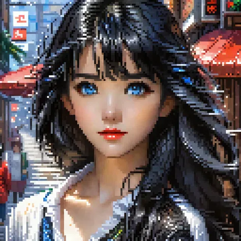 1girl, black hair, solo, blue eyes, long hair, looking at viewer, red lips, collarbone, lips, portrait, bangs, upper body, closed mouth, shirt, closed up, realistic, photograph, pixel art