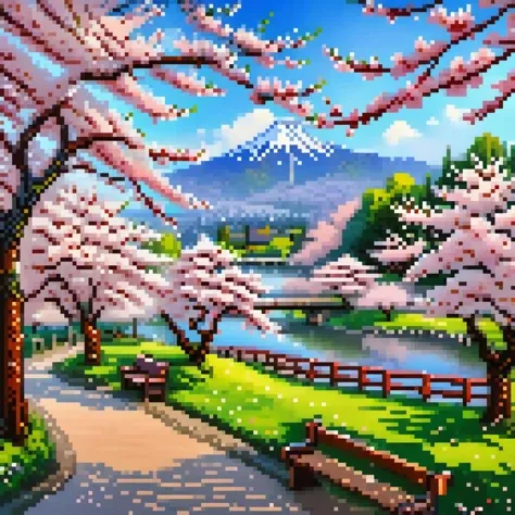 scenery, cherry blossoms, no humans, tree, outdoors, grass, day, sky, mountain, petals, bridge, bench, blue sky, cloud, fence, spring (season), river, road,petals,cherry blossom park, flying petals,romantic atmosphere,japanese cherry blossom garden with tranquil ponds,landscape,pixel art