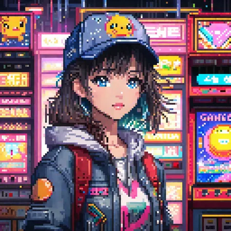 ((masterpiece)), (((best quality))), ((illustration)),(depth of field:1.2)
,solo,dynamic angle,(1 girl:1.3),bangs,headphones,blue eyes,black hair,(disheveled hair),Baseball cap,(jacket|hoodie),jeans,thigh strap,hands in pocket,cowboy shot,
Moody Lighting,(arcade games:1.1),(Game Center:1.5),(Game Hall:1.1),(backlight:1.3),intricate detail,cyberpunk,slot machine,claw crane game machine,(crowd:1.1), 
(Pixel particles exploding:1.2)