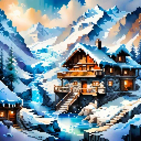 glacier scene,house,shining,nature light,Fantastic light and shadows, 2d game scene,oil and watercolor painting,<lora:Retro_Illustration:0.5>,