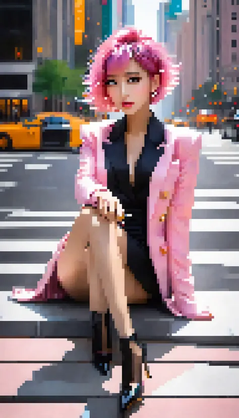 photo of sexy Korean girl sitting on 5th avenue wearing high heels, short pink hair, dark makeup