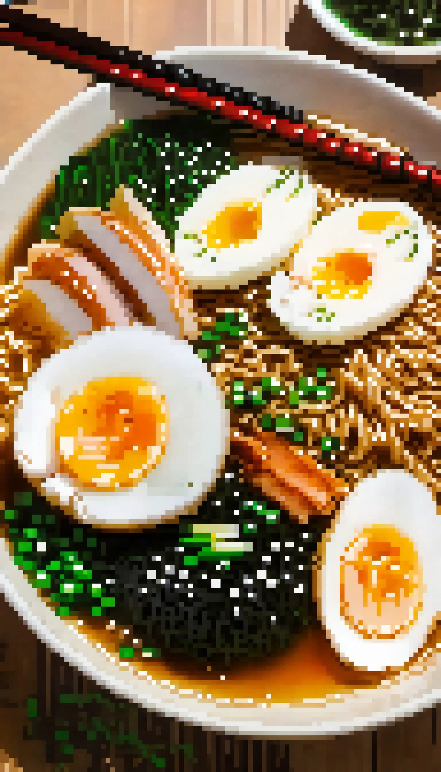 bowl of steaming hot ramen noodles, with a variety of toppings including sliced pork, boiled egg, green onions, and a sheet of nori (dried seaweed). The broth looks rich and flavorful, likely made from a combination of chicken, pork, and dashi.