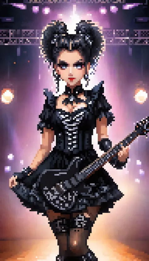 swedish metal rock girl holding a guitar, intense stare into camera, with gothic make-up, intricate details, highly detailed eyes, fancy hair and dark gothic dress, flash photo, on stage, intricate details