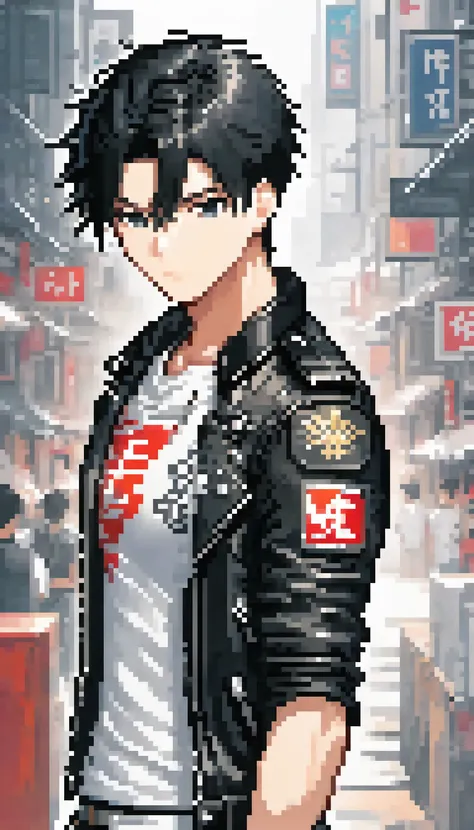 1boy, black hair, white background, short cut hair, leather jacket, tshirt, upper body, detailed shape, detailed line, art of fighting attitude, color manga style