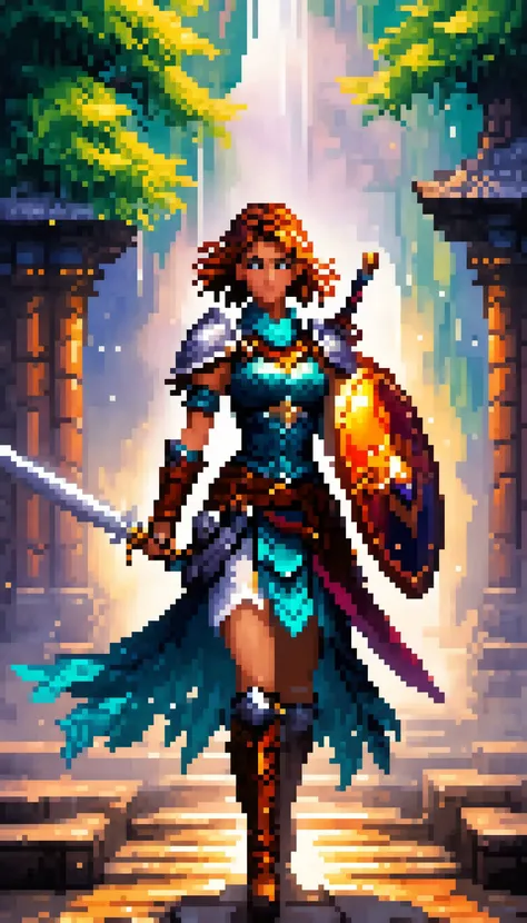 Pixel art of a fierce female warrior with a sword and shield in a fantasy setting, featuring vibrant colors, dynamic lighting, and a dramatic, epic mood