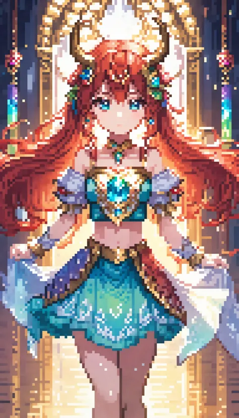 1girl, solo, back light, rainbow, aqua eyes, fake horns, red hair, long hair, crop top, jewelry, horns, veil, bracer, brooch, puffy long sleeves, skirt, bangs, low twintails, puffy sleeves, neck ring, gold trim, parted bangs, arm up, blue skirt, hair ornament, detached sleeves, floating hair, gem, hair flower, blue gemstone