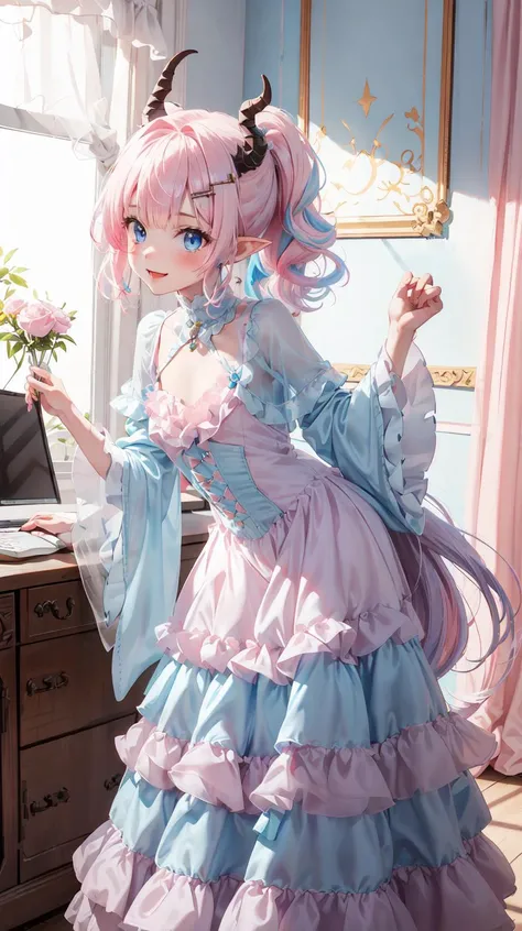 masterpiece, best quality, (Assymetric chiffon gown), Horny, (shy), (Bent over), (Innocent), (Yuta:1.0), (circle gown), (Wide sleeves), less light, (star accessory on gown), (hair accessory), (layered), (point particles), (hair pins:), (on wind), Child face, Medium hair, small breast, (Two ponytails), POINTY EARS, smoothing, (Hear jewel hair ornament), (beautiful), (blue eyes), space eyes, HD, extra detailed, smile, (Cute:1.1), (room background), (Pink walls), (computer table), (bed), (toys in closet), (window), transparent Pink curtains, (solo:1.5), (Light Pink hair), hair above cheeks), (white dragon horns), Small Medium chest, (Purple idol gown), Light blue hair, <lyco:victorian_dress:0.5>, victorian_dress