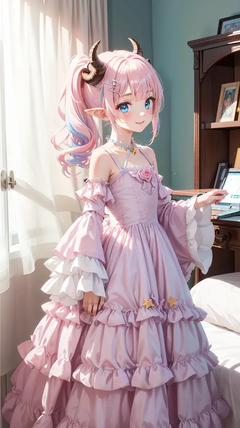 masterpiece, best quality, (Assymetric chiffon gown), Horny, (shy), (Bent over), (Innocent), (Yuta:1.0), (circle gown), (Wide sleeves), less light, (star accessory on gown), (hair accessory), (layered), (point particles), (hair pins:), (on wind), Child face, Medium hair, small breast, (Two ponytails), POINTY EARS, smoothing, (Hear jewel hair ornament), (beautiful), (blue eyes), space eyes, HD, extra detailed, smile, (Cute:1.1), (room background), (Pink walls), (computer table), (bed), (toys in closet), (window), transparent Pink curtains, (solo:1.5), (Light Pink hair), hair above cheeks), (white dragon horns), Small Medium chest, (Purple idol gown), Light blue hair, <lyco:victorian_dress:0.5>, victorian_dress