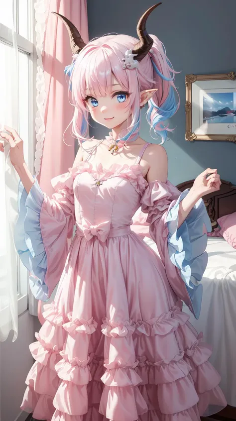 masterpiece, best quality, (Assymetric chiffon gown), Horny, (shy), (Bent over), (Innocent), (Yuta:1.0), (circle gown), (Wide sleeves), less light, (star accessory on gown), (hair accessory), (layered), (point particles), (hair pins:), (on wind), Child face, Medium hair, small breast, (Two ponytails), POINTY EARS, smoothing, (Hear jewel hair ornament), (beautiful), (blue eyes), space eyes, HD, extra detailed, smile, (Cute:1.1), (room background), (Pink walls), (computer table), (bed), (toys in closet), (window), transparent Pink curtains, (solo:1.5), (Light Pink hair), hair above cheeks), (white dragon horns), Small Medium chest, (Purple idol gown), Light blue hair, <lyco:victorian_dress:0.5>, victorian_dress