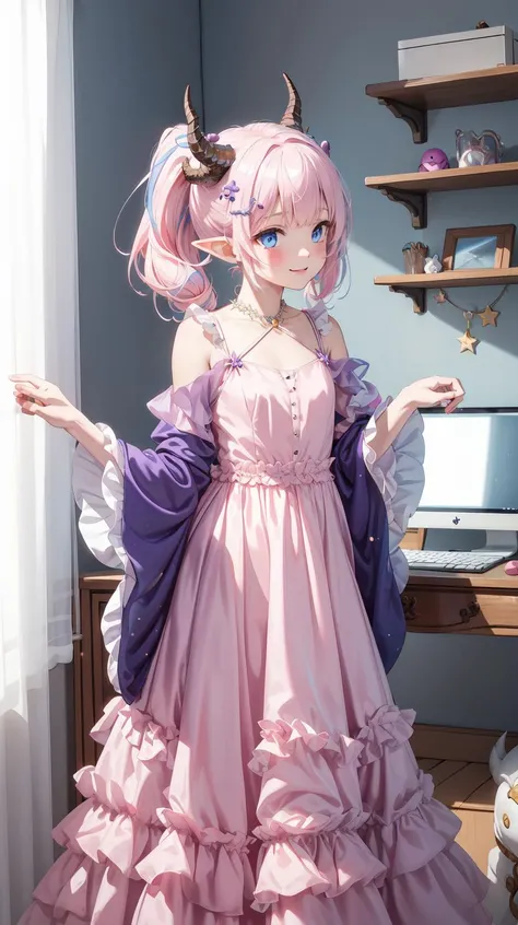 masterpiece, best quality, (Assymetric chiffon gown), Horny, (shy), (Bent over), (Innocent), (Yuta:1.0), (circle gown), (Wide sleeves), less light, (star accessory on gown), (hair accessory), (layered), (point particles), (hair pins:), (on wind), Child face, Medium hair, small breast, (Two ponytails), POINTY EARS, smoothing, (Hear jewel hair ornament), (beautiful), (blue eyes), space eyes, HD, extra detailed, smile, (Cute:1.1), (room background), (Pink walls), (computer table), (bed), (toys in closet), (window), transparent Pink curtains, (solo:1.5), (Light Pink hair), hair above cheeks), (white dragon horns), Small Medium chest, (Purple idol gown), Light blue hair, <lyco:victorian_dress:0.5>, victorian_dress