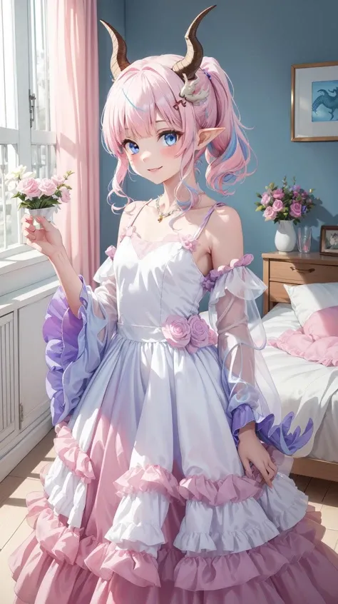 ((Best Quality)), ((Masterpiece)), ((Detailed)), (Immersive), (impressive), ((The vibrant)), Anime style, pastel colours, small girl, transparent dress, short dress, vector art, vector illustration, Scalable art, bed room, on a bed , selective focus, fine art photography, background blur