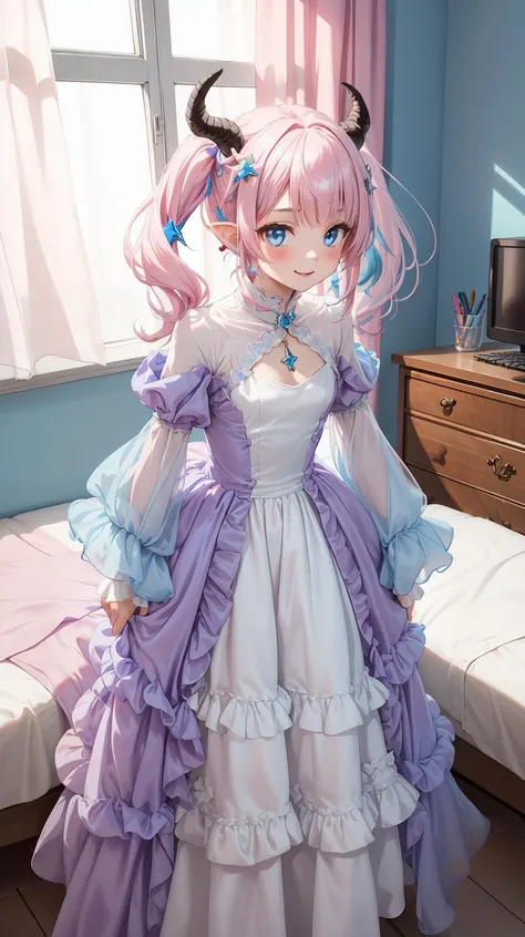 masterpiece, best quality, (Assymetric chiffon gown), Horny, (shy), (Bent over), (Innocent), (Yuta:1.0), (circle gown), (Wide sleeves), less light, (star accessory on gown), (hair accessory), (layered), (point particles), (hair pins:), (on wind), Child face, Medium hair, small breast, (Two ponytails), POINTY EARS, smoothing, (Hear jewel hair ornament), (beautiful), (blue eyes), space eyes, HD, extra detailed, smile, (Cute:1.1), (room background), (Pink walls), (computer table), (bed), (toys in closet), (window), transparent Pink curtains, (solo:1.5), (Light Pink hair), hair above cheeks), (white dragon horns), Small Medium chest, (Purple idol gown), Light blue hair, <lyco:victorian_dress:0.5>, victorian_dress