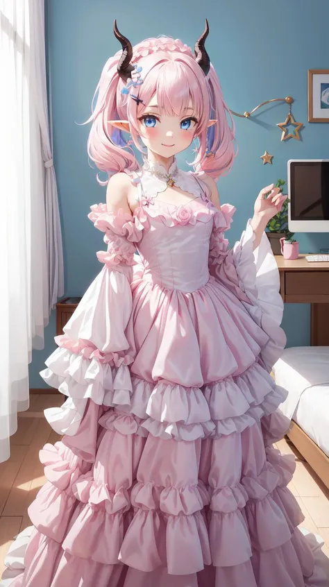 masterpiece, best quality, (Assymetric chiffon gown), Horny, (shy), (Bent over), (Innocent), (Yuta:1.0), (circle gown), (Wide sleeves), less light, (star accessory on gown), (hair accessory), (layered), (point particles), (hair pins:), (on wind), Child face, Medium hair, small breast, (Two ponytails), POINTY EARS, smoothing, (Hear jewel hair ornament), (beautiful), (blue eyes), space eyes, HD, extra detailed, smile, (Cute:1.1), (room background), (Pink walls), (computer table), (bed), (toys in closet), (window), transparent Pink curtains, (solo:1.5), (Light Pink hair), hair above cheeks), (white dragon horns), Small Medium chest, (Purple idol gown), Light blue hair, <lyco:victorian_dress:0.5>, victorian_dress