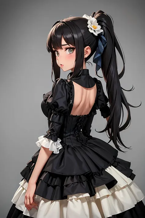 (masterpiece, best quality), 1girl, Gunmetal Twisted Side Ponytail with Hair Cuff, Size C breasts, <lora:victorian_dress:0.8> victorian_dress
