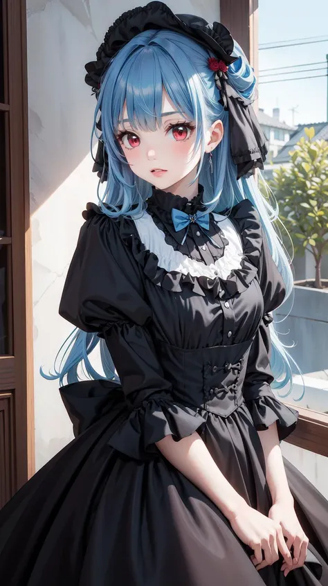 Blue hair, Red eyes, 1girl, masterpiece, best quality, Long messy hair, <lyco:victorian_dress:0.5>, victorian_dress