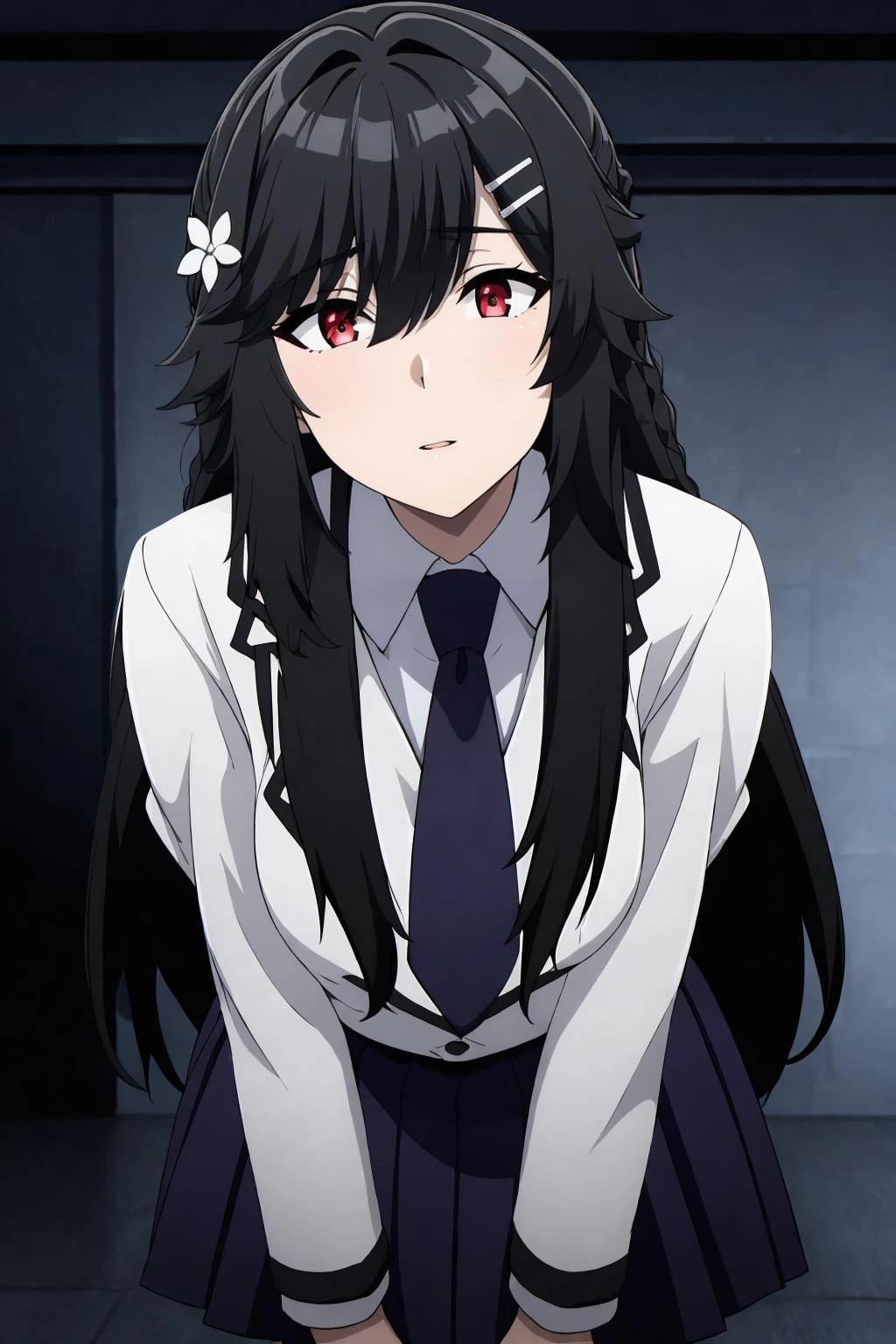 <lora:西éè1V:0.7>,西éè,1girl,hair ornament,black hair,long hair,hair flower,hairclip,red eyes,braid,bangs,hair between eyes,
school uniform,black necktie,white shirt,collared shirt,white jacket,long sleeves,blue skirt,pleated skirt,large breasts,
pantyhose,black pantyhose,, Exquisite visuals, high-definition,masterpiece,best quality,, 18yo,Young female,Beautiful Fingers,Beautiful long legs,Beautiful body,Beautiful Nose,Beautiful character design, perfect eyes, perfect face,expressive eyes,
looking at viewer,
official art,extremely detailed CG unity 8k wallpaper, perfect lighting,Colorful, Bright_Front_face_Lighting,shiny skin,
(masterpiece:1.0),(best_quality:1.0), ultra high res,4K,ultra-detailed,
photography, 8K, HDR, highres, absurdres:1.2, Kodak portra 400, film grain, blurry background, bokeh:1.2, lens flare, (vibrant_color:1.2), (beautiful_face:1.5),(narrow_waist), ,NSFW,