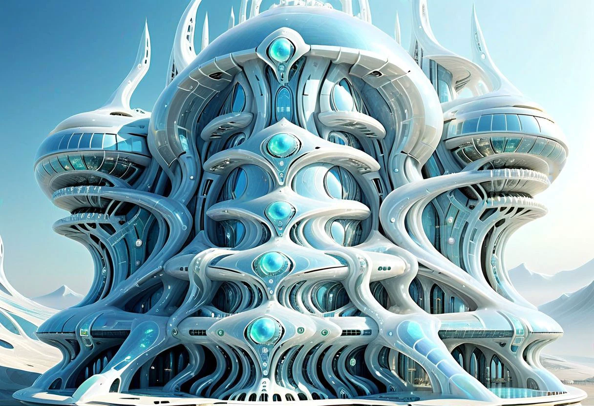OpalPearl, fantasy castle, ((made of round pearls )) columns, arcs, wavy columns, balconies, stairs, wide windows, biopunk, lightweight, weightless, see through