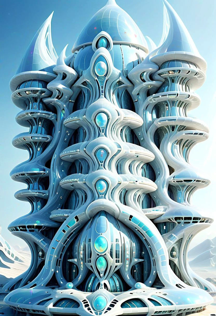 OpalPearl, fantasy castle, ((made of round pearls )) columns, arcs, wavy columns, balconies, stairs, wide windows, biopunk, lightweight, weightless, see through