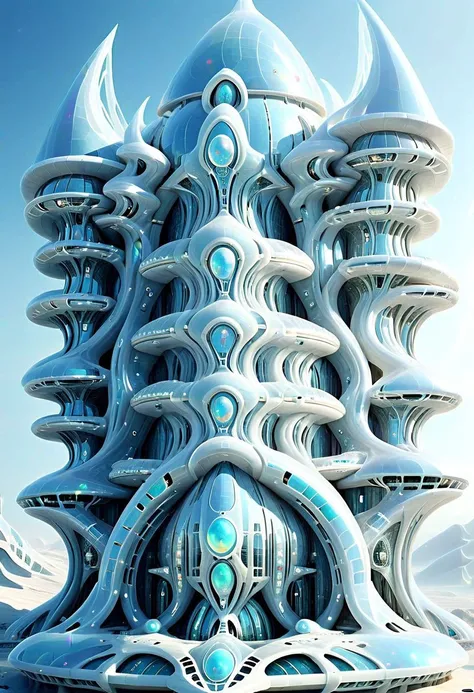 OpalPearl, fantasy castle, ((made of round pearls ))  columns, arcs, wavy columns, balconies, stairs, wide windows, biopunk, lightweight, weightless, see through