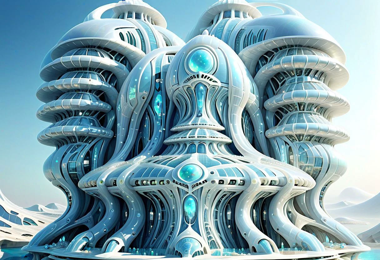 OpalPearl, fantasy castle, ((made of round pearls )) columns, arcs, wavy columns, balconies, stairs, wide windows, biopunk, lightweight, weightless, see through