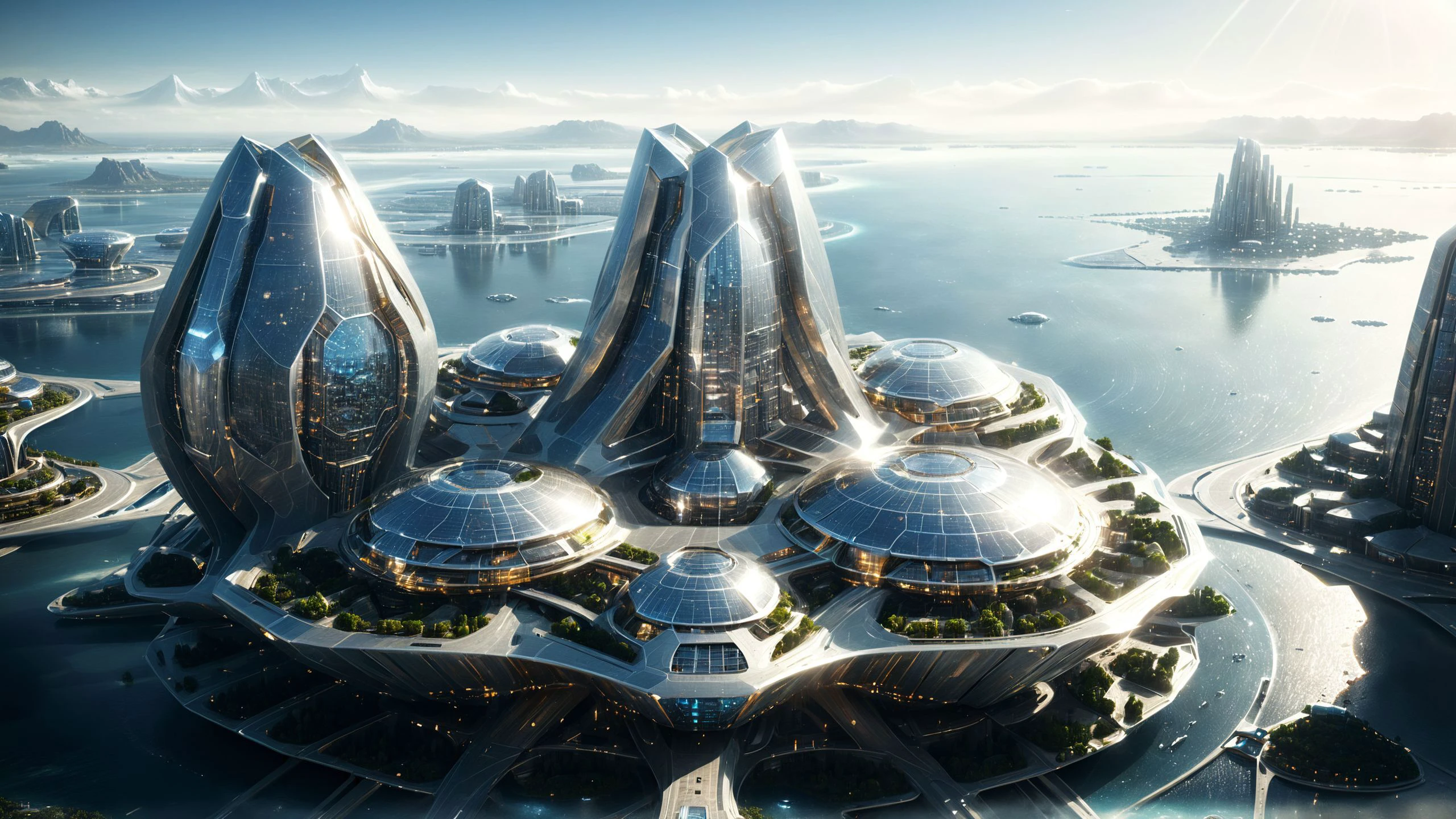 photorealistic, detailed digital illustration of a futuristic floating city in the middle of the ocean, <lora:xl_more_art-full_v1:0.4>, dense light rays, <lora:EnvyPanoramaXL01:0.8>, <lora:EnvyOrganicScifiXL01:0.7>, <lora:sdxlaarg_aerial:0.8> archiaerialview, <lora:Sacred_Geometry_XL:0.7> sacred geometry