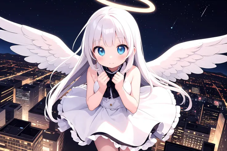 1girl,kawaii angel girl,white hair,angel halo,cowboy shot,night,starry sky,cityscape,from above,starlight,star,