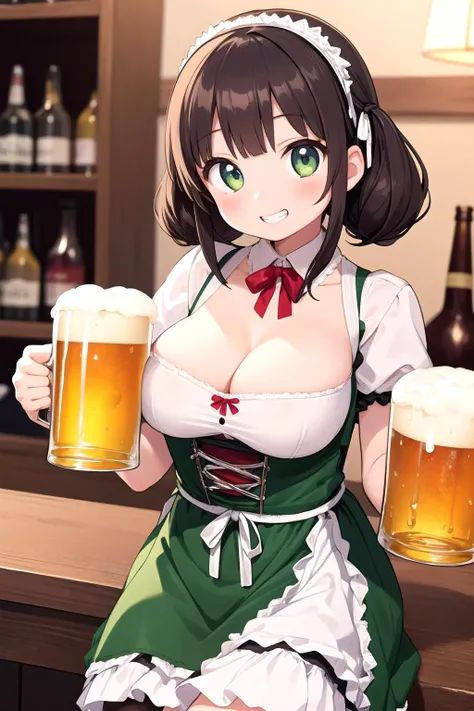 nsfw, hair ribbon, masterpiece, 1 girl, erect nipples, intricately detailed, topless, puffy nipples, pubs, table, crowd, navel, bare shoulders, necklace, beer, tavern, inn, pub, crowd, brown hair, short hair, swept bangs, extremely detailed, photorealistic, octane render, 8 k, unreal engine, bare breasts, nipples, brown eyes, carrying beer tray, bare stomach, sweaty, people on background, oktoberfest, smiling, moist breath, arm strap, embarrassed smile, small breasts, blush, bare shoulders, bare arms, bare elbows, white waist apron, maid, green skirt, innocent looking, curvy body, , legs, body, short hair, hair tie, hair bandana, puffy nipples, mole under the eye, nipple chain, collarbones, grinning, happy, teeth