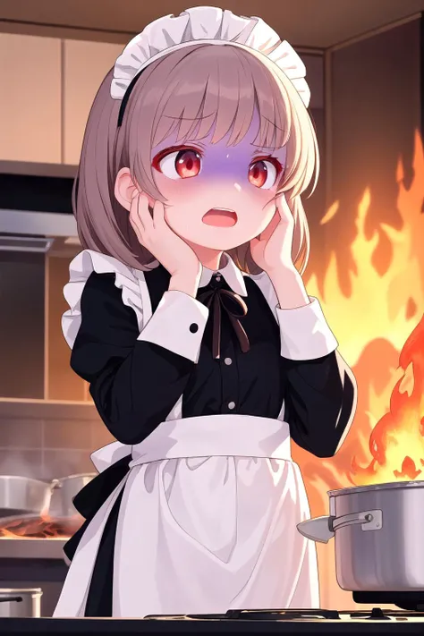 1girl,maid,hand on own cheek,open mouth,<lora:paleface_v100:0.8>,anguish,cooking,fire rises out of the pot,