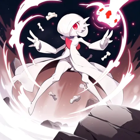 <lora:BoneMagic-22:0.8> bonemagic , energy stream, bones fragments ,
best quality, (Masterpiece) , full body, simple background , dynamic pose, <lora:gardevoir_V2:1>, (white hair), white skin , hair over one eye, multicolored skin, pokemon \(creature\), red eyes, short hair, two-tone skin, white skin , cloudy sky, wide shot, glowing eyes, floating object, rocks, gardevoir , long skirt , no_mouth, looking down,