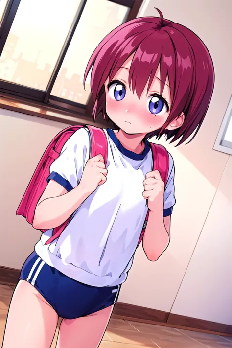 (masterpiece), best quality, high resolution, extremely detailed, perfect lighting, dutch angle,
<lora:tm2_hikari_v1:0.9> tm2hikari, 1girl, solo, short hair, <lora:randoseruburuma_v1.3:0.5> carrying randoseru backpack and wearing navy buruma and white gym uniform with colored hem,
indoors, house, embarrssed, full-face blush, looking at viewer,