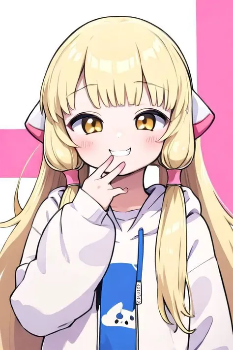 1girl, <lora:Msgk_face:1>, grin, :3, twintails, upper body, hand to own mouth, looking at viewer, half-closed eyes, hoodie, blonde eyes, chii, masterpiece, Best quality, highres, blonde hair, robot ears,