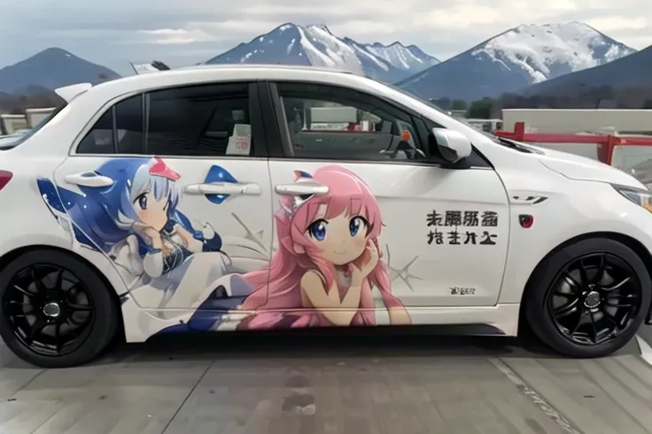 masterpiece,best quality,ultra detail,1girl,princess,dress, long hair,mountain,castle,blush,smile, from the side<lora:carPrint:0.9>,a photo of a car ,vehicle focus ,aniwrap,text,close up