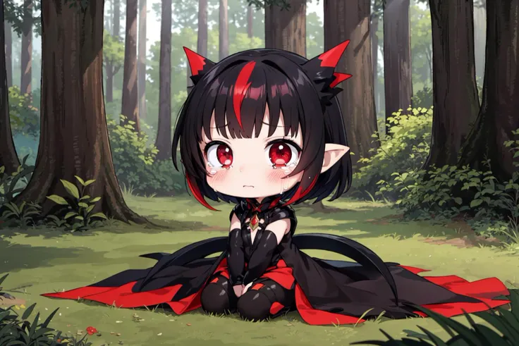ultra detailed, sharp focus, best quality, masterpiece, colorful, dim lighting, <lora:REIGEliseDefWrench:0.75> REIGEliseDefWrench, red eyes, black sclera, colored skin, black lips, pointy ears, red hair, black hair, multicolored hair, short hair, chibi, very young girl, sad face, crying, sitting ((forest background)), best quality, masterpiece, intricate details, full body shot